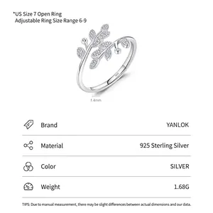 Adjustable S925 sterling silver leaf ring with sparkling zircon stones for women