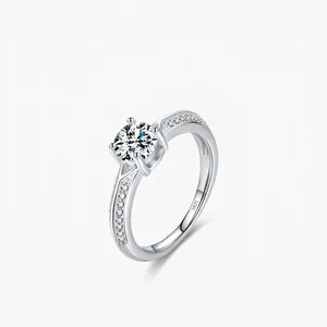 Elegant S925 Sterling Silver Round Zirconia Engagement Ring Four Claw Pavé Band Luxury Wedding Finger Ring For Women Jewelry