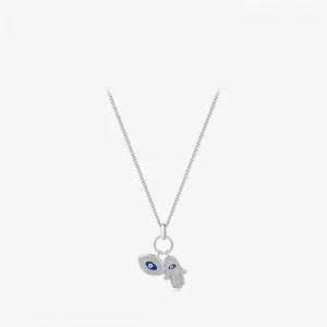 Collier Pendentif Main de Fatma Mauvais Œil en Argent Sterling 925 Rétro Émail Bleu Zirconia Micro-incrusté Chaîne de Clavicule Bijoux Femme