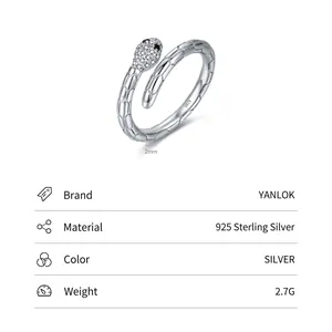 S925 sterling silver snake ring with scale textures and sparkling zircon stones