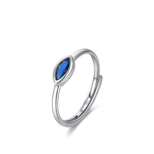 S925 sterling silver open ring with marquise-cut blue evil eye stone centerpiece