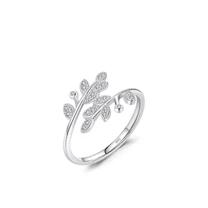 Elegant S925 sterling silver leaf ring with sparkling diamonds and adjustable open design
