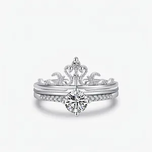 French Vintage 925 Sterling Silver Crown Ring Set For Women Adjustable Zirconia Double Layer Stackable Wedding Jewelry