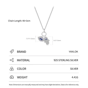 Collier en argent S925 avec pendentifs Main de Fatima et Mauvais Œil sertis