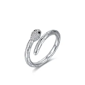 S925 sterling silver snake open ring with sparkling pavé zircons and scale texture