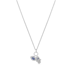 Collier Main de Fatma et Mauvais Œil en Argent S925 avec Détails en Émail Bleu