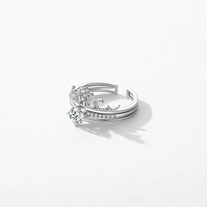 French vintage s925 silver crown ring set with sparkling zircon and adjustable band