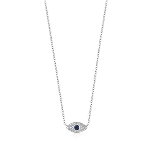 S925 sterling silver evil eye necklace with blue stone and white pavé crystals on white background