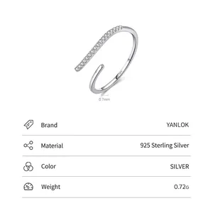 Minimalist s925 sterling silver geometric open ring with micro-pave crystals and sizing specs