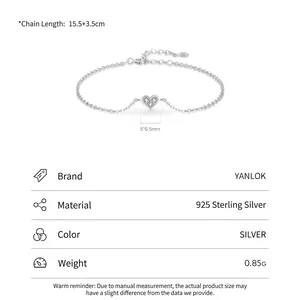 Elegante bracciale cuore in argento sterling S925 con diamanti e catena 15,5+3,5cm