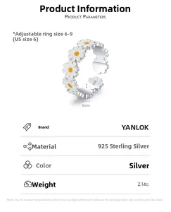 Macro detail of adjustable S925 sterling silver daisy ring with size specifications