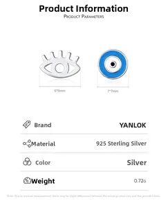Detailed view of asymmetric S925 sterling silver evil eye stud earrings with dimensions