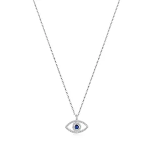 Elegant S925 sterling silver evil eye necklace with blue crystal and pavé stones
