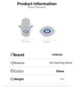 Detailed technical drawing of S925 sterling silver Hamsa and Evil Eye stud earrings