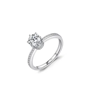 Elegant S925 sterling silver crown ring with a large round sparkling diamond stone