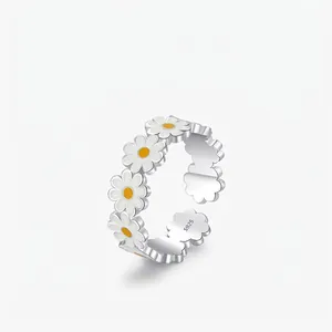 925 Sterling Silver Sweet Daisy Flower Open Ring For Women Enamel White Yellow Daisy Adjustable Mori Style Jewelry Gift