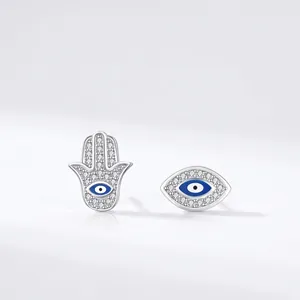 925 Sterling Silver Asymmetric Evil Eye Hamsa Hand Stud Earrings For Women Pave Zirconia Blue Enamel Amulet Jewelry
