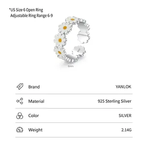 S925 sterling silver daisy flower open ring with white enamel and adjustable band