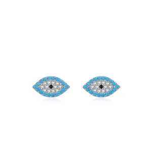 S925 sterling silver evil eye stud earrings with turquoise blue and black inlay