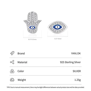 S925 Sterling Silver Evil Eye and Hand of Fatima asymmetrical stud earrings with blue enamel