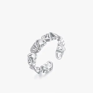 S925 Sterling Silver Heart Open Ring For Women Adjustable Minimalist Hollow Heart Ring With Zirconia Elegant Jewelry Gift