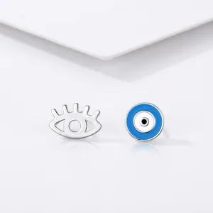 S925 sterling silver evil eye stud earrings with blue enamel and eyelash detail