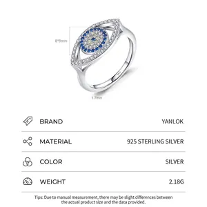 S925 sterling silver heart devil eye adjustable ring with blue gemstone inlay