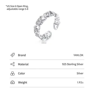Adjustable S925 sterling silver heart open ring with sparkling cubic zirconia stones