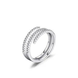 Elegant S925 sterling silver triple-layer wrap ring with minimalist diamond accents