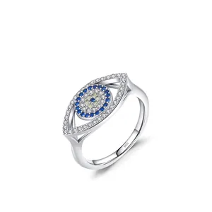 Vintage S925 sterling silver evil eye ring with blue and white sparkling crystals