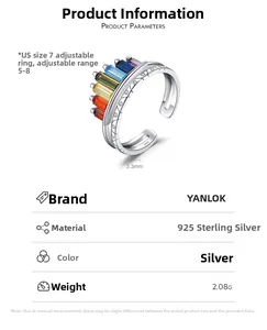 Detail view of adjustable S925 sterling silver ring with rainbow zircon settings