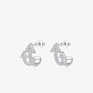 S925 Sterling Silver Double Arrow Stud Earrings For Women Pave Zirconia Geometric C Shape Commuter Style Fashion Jewelry