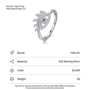 925 sterling silver evil eye open ring with cubic zirconia and blue center stone