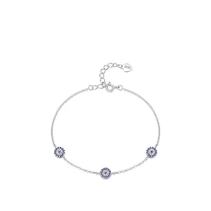Detailed view of S925 sterling silver chain featuring blue devil eye charms with S925 tag
