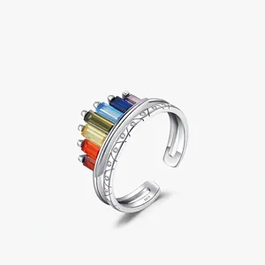925 Sterling Silver Rainbow Zirconia Crown Ring For Women Colorful Inlaid Adjustable Open Finger Ring Ins Fashion Jewelry Gift