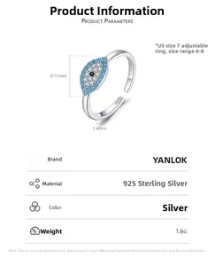 Detail of 925 sterling silver adjustable evil eye ring with blue and white zircons