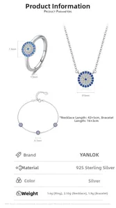 Detail of s925 sterling silver Evil Eye jewelry set with precise product dimensions