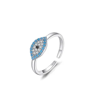 Adjustable s925 silver evil eye open ring featuring turquoise and crystal pavé setting