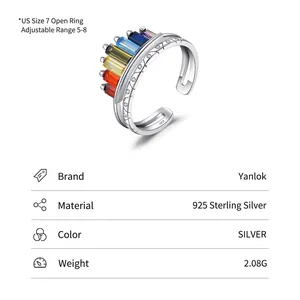 925 silver open ring with rainbow baguette stones and product size specifications