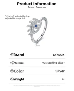 S925 sterling silver evil eye ring detail showing dimensions and adjustable size range