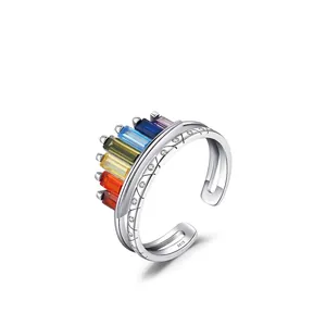 S925 sterling silver rainbow crown ring with baguette-cut colorful zircon gemstones