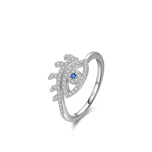Elegant s925 silver Evil Eye ring with blue stone and cubic zirconia lash design