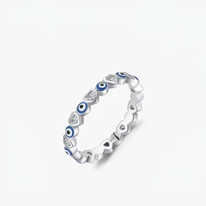 Bague Cœur Mauvais Œil en Argent Sterling 925 pour Femme Ajustable Émail Bleu Zirconia Incrusté Bague Ouverte Tendance Bijoux