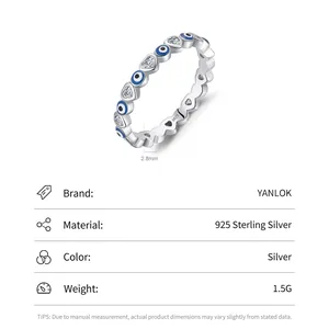 Bague en argent massif S925 avec cœurs et mauvais œil, émail bleu et largeur de 2,8mm