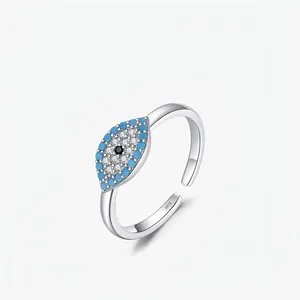 925 Sterling Silver Evil Eye Adjustable Open Ring For Women With Zirconia Inlaid Minimalist Dainty Finger Jewelry Gift