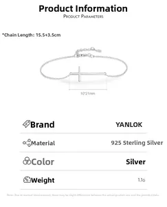 Detailed view of silver cross bracelet specs with dimensions 10x21mm and 15.5+3.5cm length