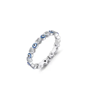 Bague cœur en argent s925 avec œil maléfique, zircon clair et émail bleu au design ondulé
