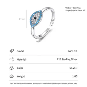 S925 sterling silver evil eye open ring with turquoise and zircon accents for women