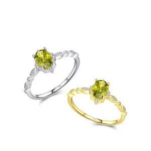 S925 silver retro rings with oval olive green gemstones and hollowed leaf band design