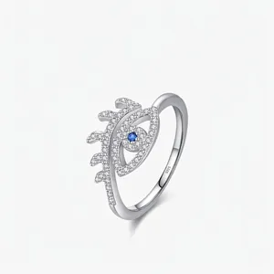 925 Sterling Silver Evil Eye Ring For Women Adjustable Open Ring Inlaid With Blue White Zirconia Fashion Jewelry Gift